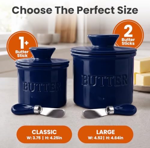 Priority Chef Butter Crock with Lid for Countertop with Spreader Knife and Water Line, Soft Spreadable Butter, Ceramic French Butter Dish with Lid, Dark Navy - Image 5