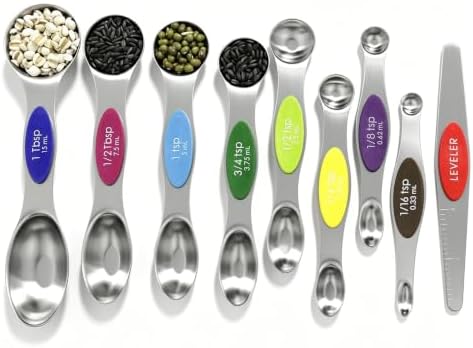 Magnetic Measuring Spoons Set Stainless Steel with Leveler, 9pcs Multicolors Measuring Cups Set for Baking, Measuring Cups and Spoon Set Kitchen Gadgets Apartment Essentials Fits in Spice Jars by BIDFUL