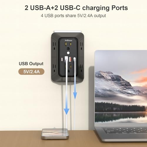 JcBlaon Outlet Extender Surge Protector - 6 Outlet Splitter with 4 USB Ports (2 USB C), Multiple Plug Expander Wall Charger, 3 Sided Multi Plug Wall Adapter Power Strip for Home Office Travel-ETL - Image 4