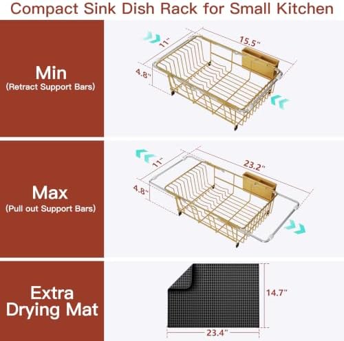 JASIWAY Gold Dish Drying Rack in Sink with Mat, Cups and Utensil Holder - Image 6