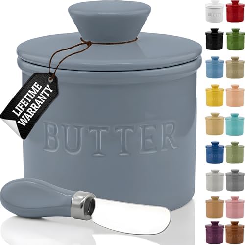 Priority Chef Butter Crock with Lid for Countertop with Spreader Knife and Water Line, Soft Spreadable Butter, Ceramic French Butter Dish with Lid, Light Grey by PriorityChef