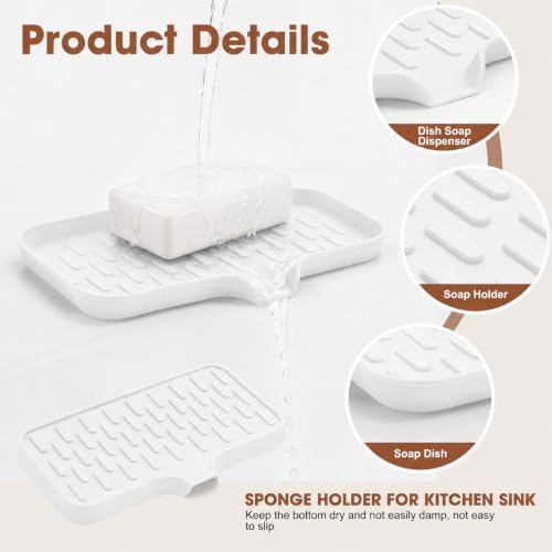 CAKETIME 2 Pack Silicone Soap Dish with Drain Spout for Bathroom Shower Caddy Kitchen Counter Sponge Holder Saver Tray Sink Drying Accessories Office Generic Items Jabonera Women Gifts White Medium - Image 5