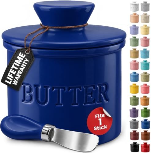 Priority Chef Butter Crock with Lid for Countertop with Spreader Knife and Water Line, Soft Spreadable Butter, Ceramic French Butter Dish with Lid, Dark Blue by PriorityChef