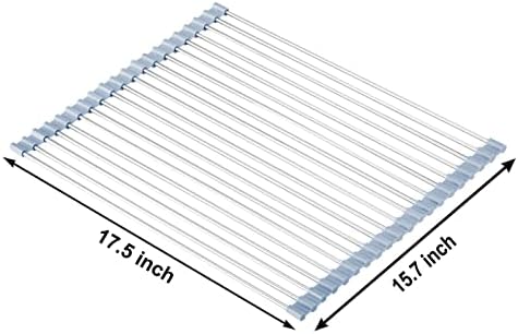 MECHEER Over The Sink Dish Drying Rack, Roll Up Dish Drying Rack Kitchen Dishes Rack Stainless Steel Sink Drying Racks, Foldable Dishes Drainer, Gray (17.5''x15.7'') - Image 2