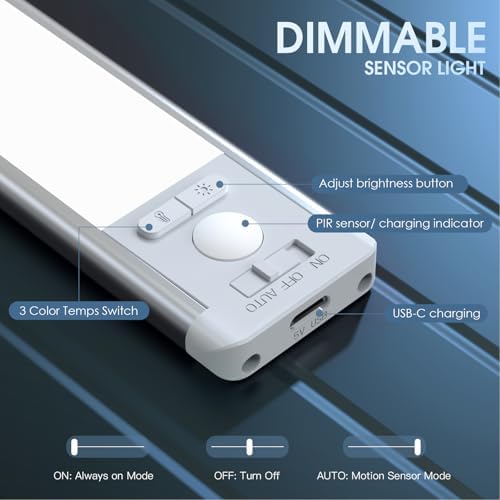 14.7inch Under Cabinet Lighting with 3 Color Temps, 2 Pack Rechargeable Motion Sensor Light Indoor, 5 Levels Dimmable Magnetic Closet Lights, Wireless Under Counter Lights for Kitchen, Stairs - Image 3