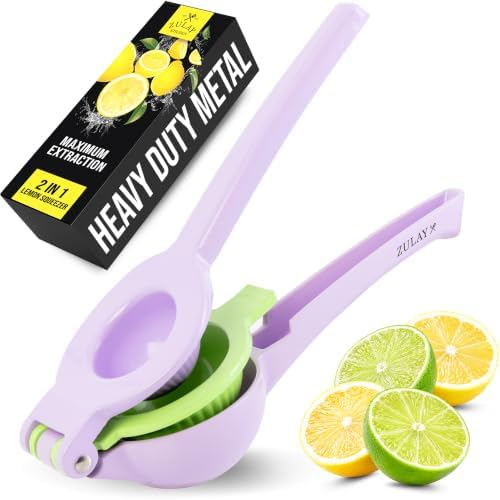 Zulay Kitchen Metal 2-in-1 Lemon Squeezer - Sturdy Max Extraction Hand Juicer Lemon Squeezer Gets Every Last Drop - Easy to Clean Manual Citrus Juicer - Easy-Use Lemon Juicer Squeezer - Purple/Lime by ZulayKitchen