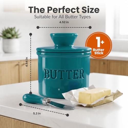 Priority Chef Butter Crock with Lid for Countertop with Spreader Knife and Water Line, Soft Spreadable Butter, Ceramic French Butter Dish with Lid, Teal Blue - Image 6