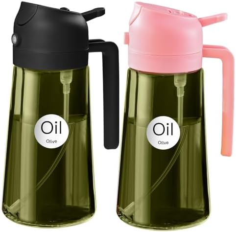 YARRAMATE 2Pcs 16oz/470ml Dark Green Oil Sprayer for Cooking with Stickers, Food-grade Premium 2 in 1 Olive Oil Dispenser Bottle for Kitchen Gadgets, Air Fryer, Salad, Frying, BBQ (Pink&Black) by YARRAMATE
