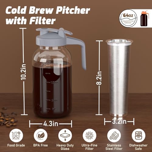 JunVpic Cold Brew Coffee Maker, 64 oz Glass Mason Jar Pitcher - Image 3