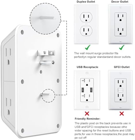 JcBlaon Surge Protector Outlet Extender 6 Outlet Extender with 4 USB Ports (PD 30W), 3 Sided 1050J Multi Plug Wall Adapter Power Strip for Home Travel Office Essentials-ETL - Image 7