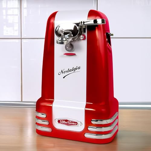 Nostalgia Retro Electric Can Opener for Kitchen with Magnetic Lid Remover, Knife Sharpener, and Soda or Beer Bottle Opener, Red - Image 6