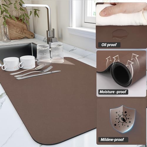 HotLive Dish Drying Mat for Kitchen Counter, Heat Resistant Drainer Mats with Non-slip Rubber Backed, Hide Stain Kitchen Super Absorbent Draining Mat, Easy to Clean Dish Rack Pad, Brown 18"x28" - Image 3