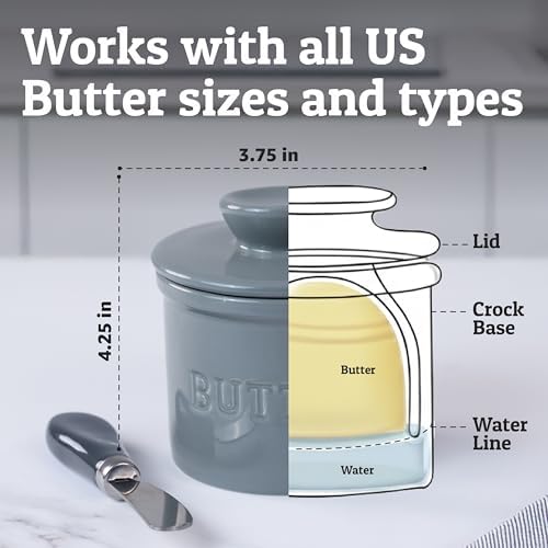 Priority Chef Butter Crock with Lid for Countertop with Spreader Knife and Water Line, Soft Spreadable Butter, Ceramic French Butter Dish with Lid, Light Grey - Image 5