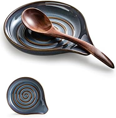 Spoon Holder, Cooking Spoon Rest for Stove Top Utensil Rest for Spoons, Ladles, Tongs, Spatula, Large Spoon Holder with Handle for Easy Grip Framhouse Decor Cute Kitchen Gadget, Gray and Blue by Cormomu