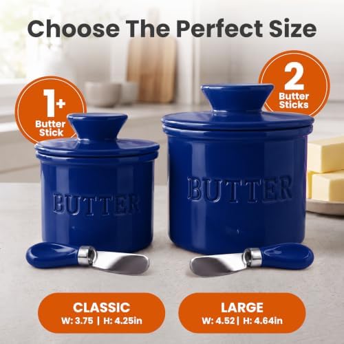 Priority Chef Butter Crock with Lid for Countertop with Spreader Knife and Water Line, Soft Spreadable Butter, Ceramic French Butter Dish with Lid, Dark Blue - Image 5
