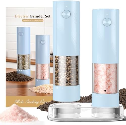 Electric Salt and Pepper Grinder Set - Rechargeable Automatic Salt and Pepper Shakers, Kitchen Appliances with External Adjustable Coarseness, Larger Hopper for Cooking, Home Gifts(2 Pack,Light Blue) by Unknown