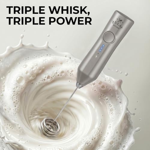 Zulay Kitchen Rechargeable Milk Frother Handheld - Frother Wand, Drink Mixer, Electric Whisk Frother, for Cappuccinos, Matcha & Protein Powder - Dynamic Triple Whisk, 3 Speed 500mAh Light Gray - Image 2