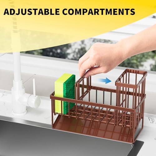 Cisily Kitchen Sink Caddy, Sponge Holder for Kitchen Sink, Kitchen Sink Organzier and Storage with High Brush Holder, Rustproof 304 Stainless Gadgets Sink Accessories(Brown) - Image 5