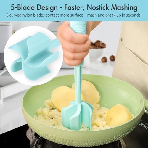 Ourokhome Meat Chopper and Potato Masher, Heat Resistant Nylon Ground Beef Smasher for Hamburger, 5 Curved Blades Nonstick Safe Mixer & Stirrer, Practical Kitchen Gadgets, Mint - Image 4