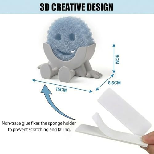 Creative Drainage Sponge Holder: Traceless Glue, 3D Printed Funny Kitchen Sink Holder, Keeps Sponge Dry – for Scrub Daddy (1, Grey) - Image 4