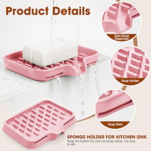 CAKETIME 2 Pack Silicone Soap Dish with Drainage Holes for Bathroom Shower Caddy Kitchen Counter Sponge Holder Bar Sink Organizer Tray Container Drying Toiletries Essentials Cute Girl Pink Gifts - Image 2
