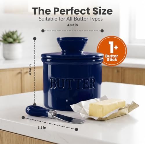 Priority Chef Butter Crock with Lid for Countertop with Spreader Knife and Water Line, Soft Spreadable Butter, Ceramic French Butter Dish with Lid, Dark Navy - Image 6