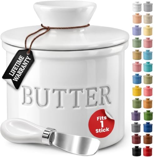 Priority Chef Butter Crock with Lid for Countertop with Spreader Knife and Water Line, Soft Spreadable Butter, Ceramic French Butter Dish with Lid, White by PriorityChef