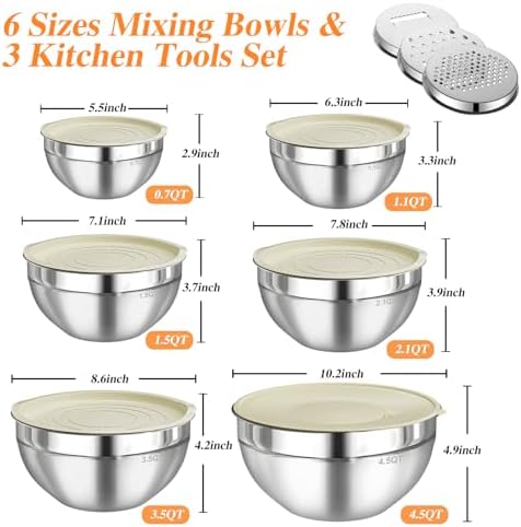 Mixing Bowls with Lids Set, 6 PCS Stainless Steel Mixing Bowls with 3 Grater Attachments, Kitchen Food Storage Organizers Nesting Mixing Bowl, Large Size 4.5, 3.5, 2.1, 1.5, 1.1, 0.7QT - Image 5