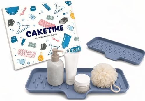 CAKETIME 2 Pack Silicone Soap Dish with Drain Spout for Bathroom Shower Caddy Kitchen Counter Sponge Holder Bar Sink Organizer Tray Container Drying Accessories Small Case Saver Box Stuff Blue Large by CAKETIME