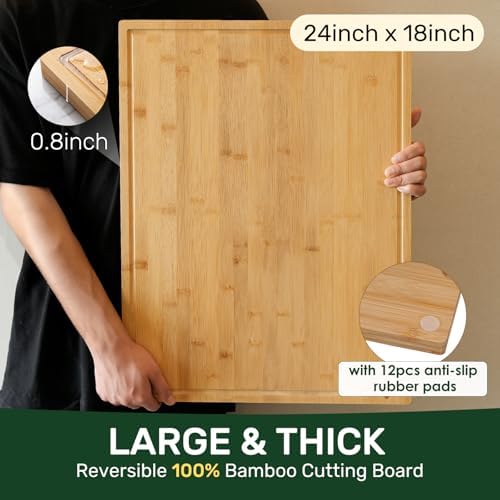 Kikcoin 24”×18” Bamboo Cutting Boards for Kitchen, Wooden Healthy Cutting Boards for Charcuterie, Vegetables, Cheese, Bread, Extra Large Chopping Boards with Deep Juice Groove and Handle, Natural - Image 3