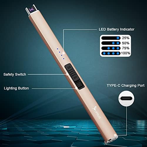 SUPRUS Electric Lighter Arc Windproof Flameless USB Rechargeable Lighter with Safety Lock for Candle BBQ Camping (Champagne Gold) - Image 2