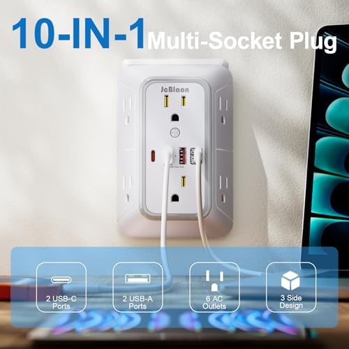 JcBlaon Surge Protector Outlet Extender 6 Outlet Extender with 4 USB Ports (PD 30W), 3 Sided 1050J Multi Plug Wall Adapter Power Strip for Home Travel Office Essentials-ETL - Image 2