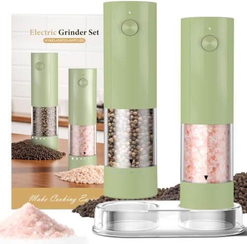 Electric Salt and Pepper Grinder Set - Rechargeable Automatic Salt and Pepper Shakers, Kitchen Appliances with External Adjustable Coarseness, Larger Hopper for Cooking, Home Gifts(2 Pack,Sage Green) by Unknown
