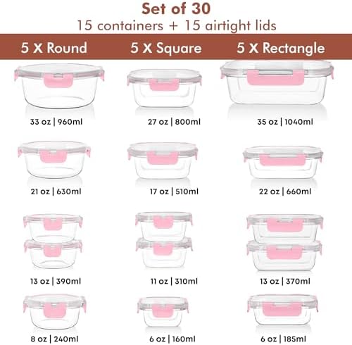 Razab 30 PC Glass Food Storage Containers with Lids - Reusable Glass Meal Prep Containers for Lunch and Leftovers - Airtight & Leakproof Snap Locking Lids - Oven, Freezer, Microwave, Dishwasher Safe - Image 2