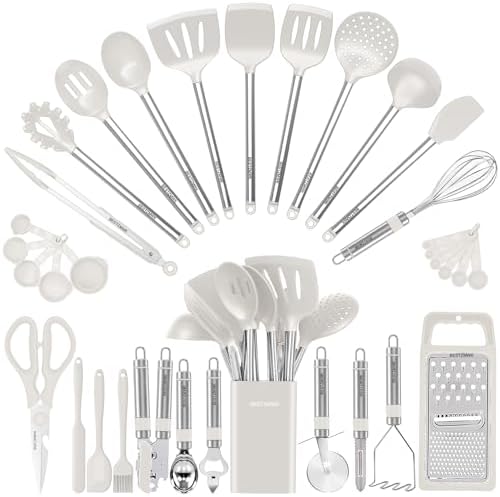Kitchen Utensil Set-Silicone Cooking Utensils-33 Kitchen Gadgets & Spoons for Nonstick Cookware-Silicone and Stainless Steel Spatula Set-Best Kitchen Tools, Useful Pots (Cream White) by BESTZMWK