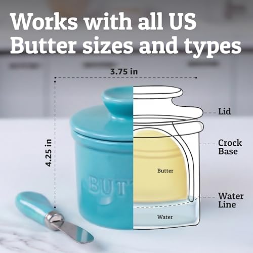 Priority Chef Butter Crock with Lid for Countertop with Spreader Knife and Water Line, Soft Spreadable Butter, Ceramic French Butter Dish with Lid, Turquoise - Image 5