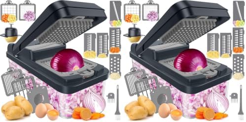 SpaceHacks 12-in-1 Vegetable Chopper, Kitchen Gadgets with 7 Blades, Veggie, Food, Onion Chopper, Cucumber Slicer, Versatile Mandoline, Includes Egg Separator & Finger Guard, Gray (Pack of 2) by SpaceHacks