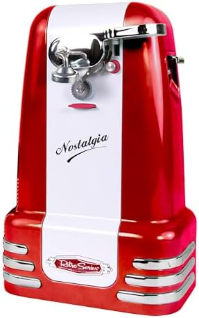 Nostalgia Retro Electric Can Opener for Kitchen with Magnetic Lid Remover, Knife Sharpener, and Soda or Beer Bottle Opener, Red by Nostalgia