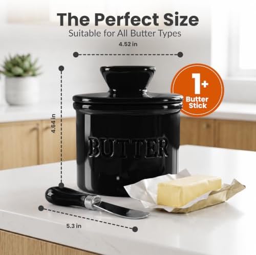 Priority Chef Butter Crock with Lid for Countertop with Spreader Knife and Water Line, Soft Spreadable Butter, Ceramic French Butter Dish with Lid, Black - Image 6