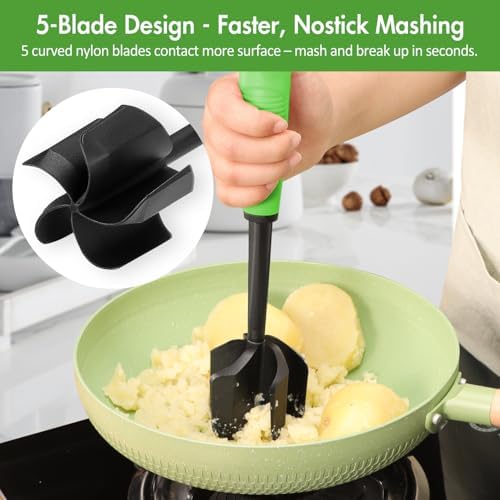 Ourokhome Meat Chopper and Potato Masher, Heat Resistant Nylon Ground Beef Smasher for Hamburger, 5 Curved Blades Nonstick Safe Mixer & Stirrer, Practical Kitchen Gadgets, Green - Image 4