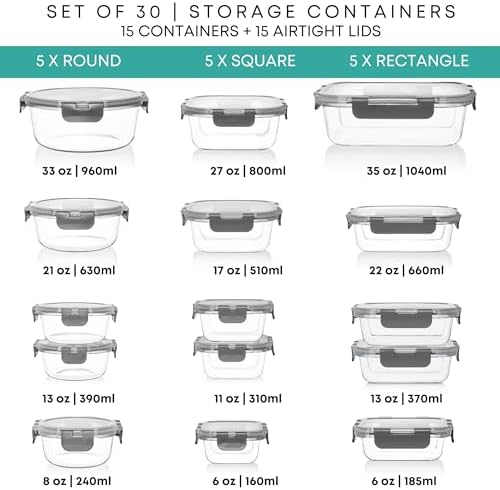 Razab 30 PC Glass Food Storage Containers with Lids - Reusable Glass Meal Prep Containers for Lunch and Leftovers - Airtight & Leakproof Snap Locking Lids - Oven, Freezer, Microwave & Dishwasher Safe - Image 2
