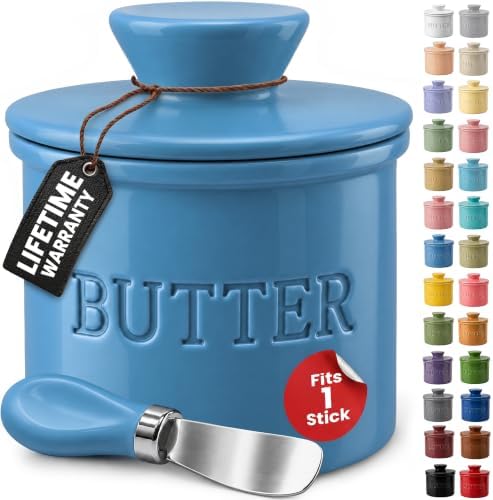 Priority Chef Butter Crock with Lid for Countertop with Spreader Knife and Water Line, Soft Spreadable Butter, Ceramic French Butter Dish with Lid, Light Blue by PriorityChef