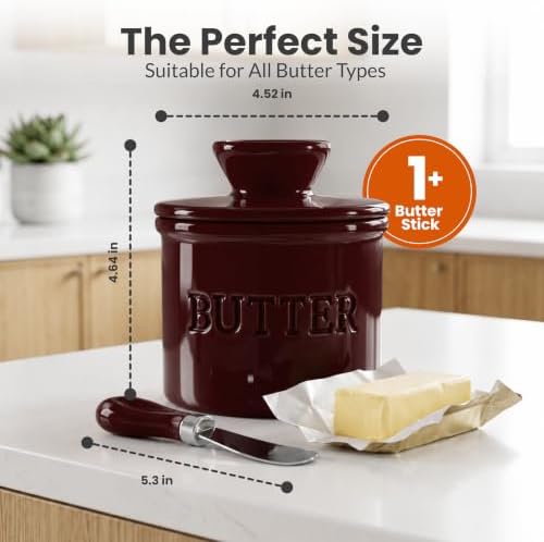 Priority Chef Butter Crock with Lid for Countertop with Spreader Knife and Water Line, Soft Spreadable Butter, Ceramic French Butter Dish with Lid, Maroon - Image 6