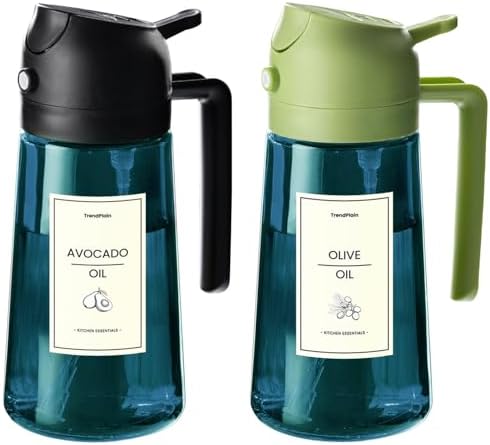 TrendPlain 16oz/470ml Blue Glass Olive Oil Sprayer for Cooking - 2 in 1 Olive Oil Dispenser for Kitchen Gadgets, Air Fryer, Salad, and BBQ - Black & Green by TrendPlain