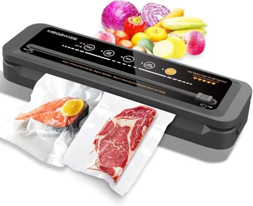 MegaWise Vacuum Sealer Machine,80kPa Suction Power, Bags & Cutter Included, Compact One-Touch Automatic Food Sealer with External Vacuum System, Dry Moist Fresh Modes for All Saving need (Pack of 12) by MEGAWISE