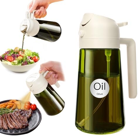 YARRAMATE 16oz/470ml Light-Blocking Dark Oil Sprayer for Cooking, 2 in 1 Olive Oil Dispenser Bottle for Kitchen, Premium Dark Green Glass Oil Bottle, Food-Grade Oil Mister for Air Fryer, BBQ (White) by YARRAMATE