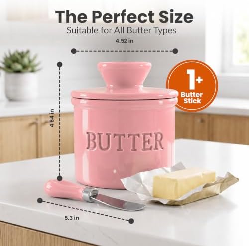 Priority Chef Butter Crock with Lid for Countertop with Spreader Knife and Water Line, Soft Spreadable Butter, Ceramic French Butter Dish with Lid, Pink - Image 6