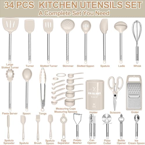 Kitchen Utensils Set-Umite Chef 34 Pcs Silicone Cooking Utensils Set for Nonstick Cookware-Silicone Spatulas Set, Stainless Steel Handle-Khaki Kitchen Gadgets Tools, Pots and Pans Accessories - Image 2