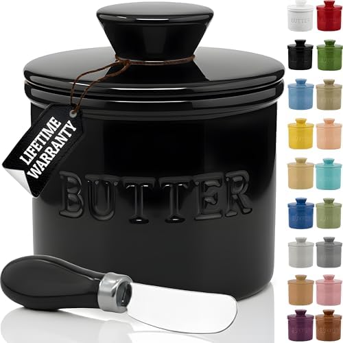 Priority Chef Butter Crock with Lid for Countertop with Spreader Knife and Water Line, Soft Spreadable Butter, Ceramic French Butter Dish with Lid, Black by PriorityChef