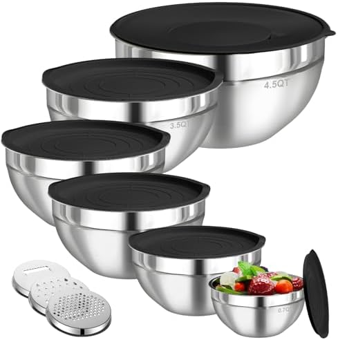 Mixing Bowls with Lids Set, 6 PCS Stainless Steel Mixing Bowls with 3 Grater Attachments, Kitchen Food Storage Organizers Nesting Mixing Bowl, Large Size 4.5, 3.5, 2.1, 1.5, 1.1, 0.7QT-Black by HelpYouSaveMoreSpace